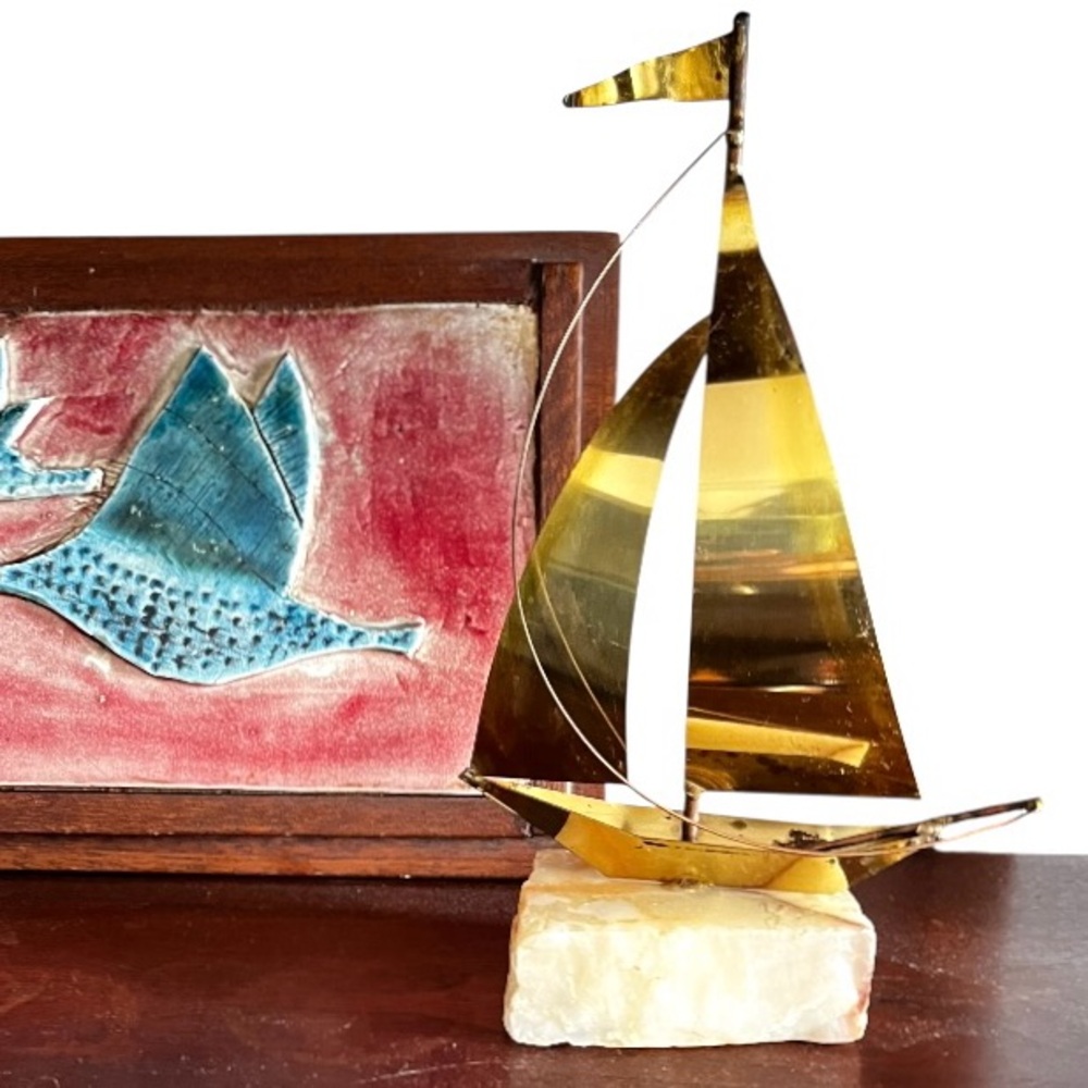 MCM Brass Sailboat Sculpture Nautical Statue Sailing Art Onyx California Yosi - Picture 9 of 9